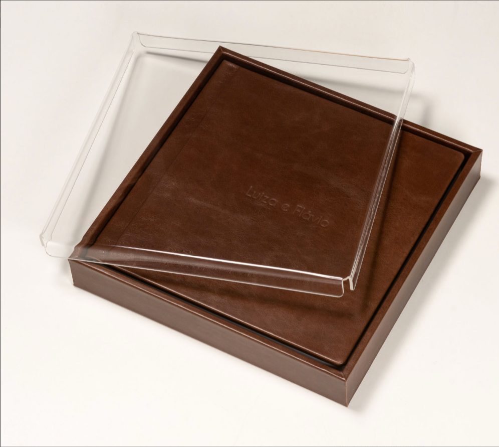 Caixa para album fotográfico com tampa de acrílico