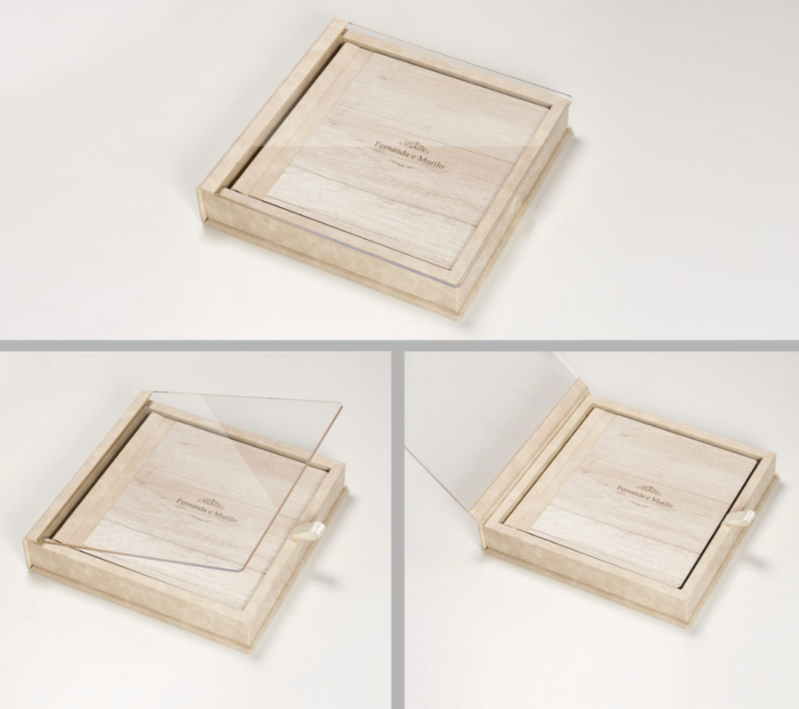 Álbum com acabamento em, madeira e caixa em acrílico