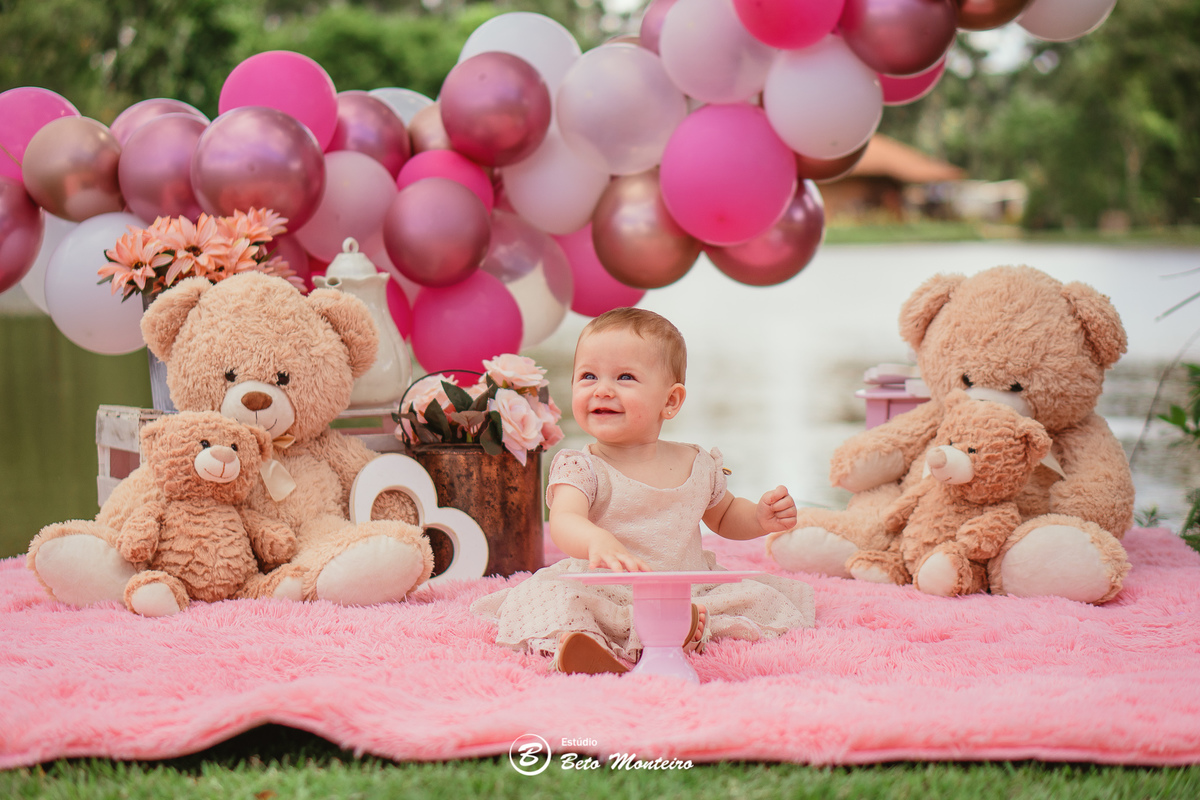 Book fotográfico Infantil - Book de fotos - Book de Criança - Book de Bebê - Book Menina - Book Menino - Book 1 ano - Estúdio Beto Monteiro - Curitiba - smash the cake - Sarah - ursinho rosa - chácara sentinela - smash the cake externo