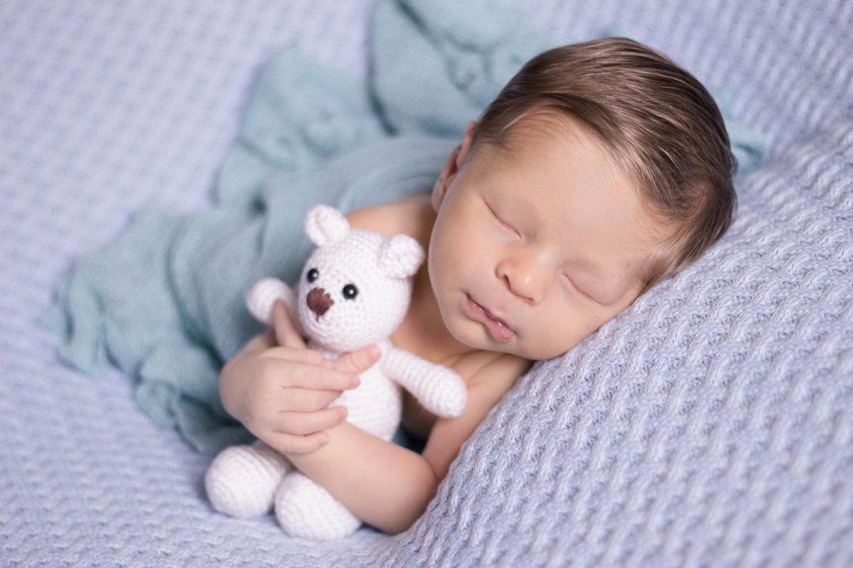 ensaio newborn com bebê abraçando ursinho