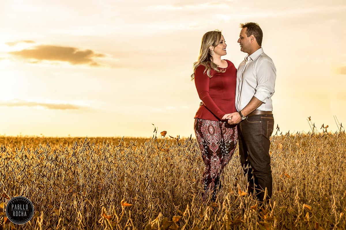 noivos se olhando  ao Por do sol lavoura de soja