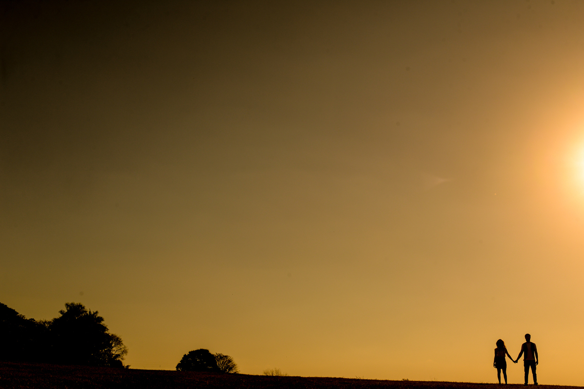 ensaio do casal pre-wedding noiva e noivo olhando para o horizonte com o sol de fundo somente silhueta do casal foto minimalista  feita em Holambra cidade das flores 