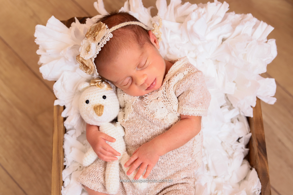 Bebê dormindo em um berço sobre um cobertor branco, usando um macacão e uma tiara de flor, e ao lado segurando seu bicho de pelúcia.