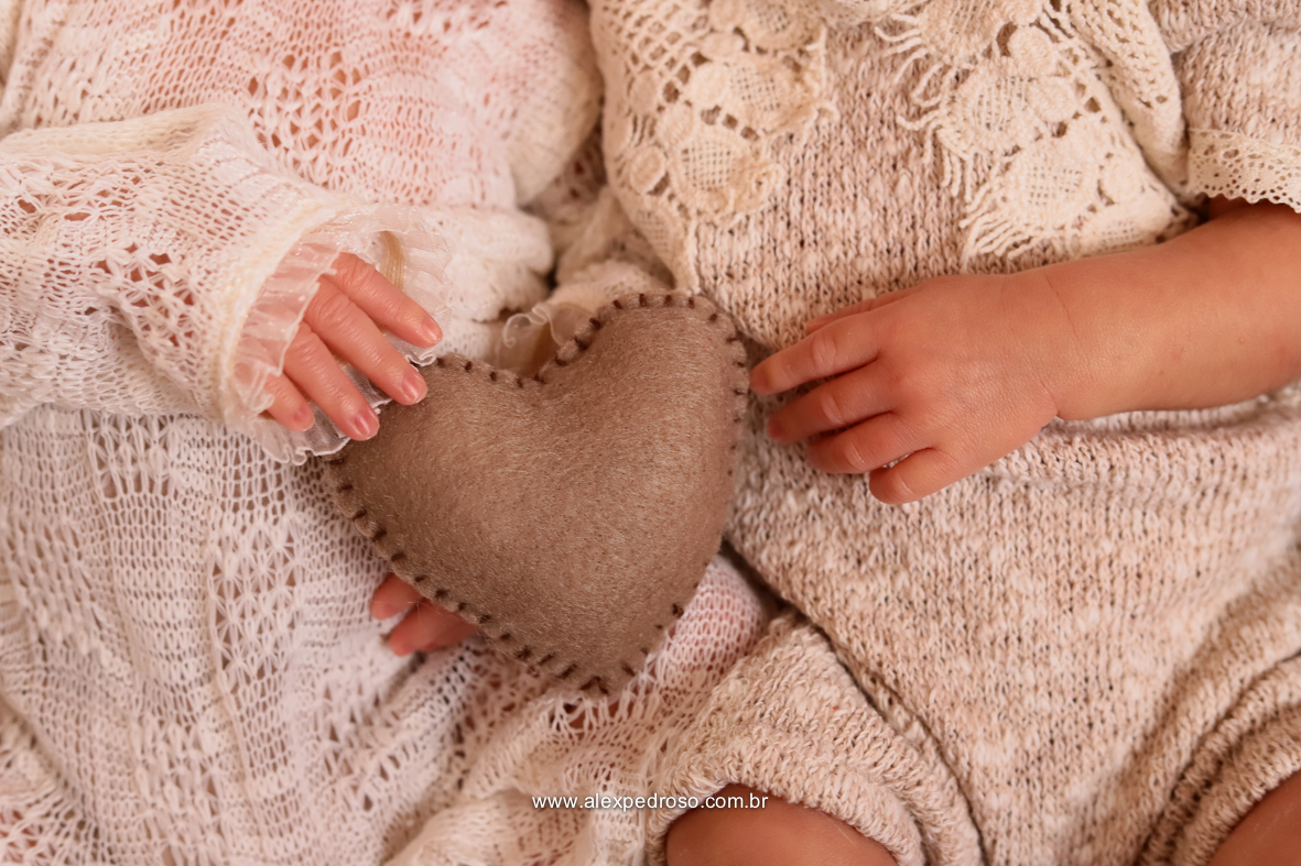 Detalhe de dois bebês segurando um coração de pelúcia marrom, cada mão segurando o objeto, usando macacão.