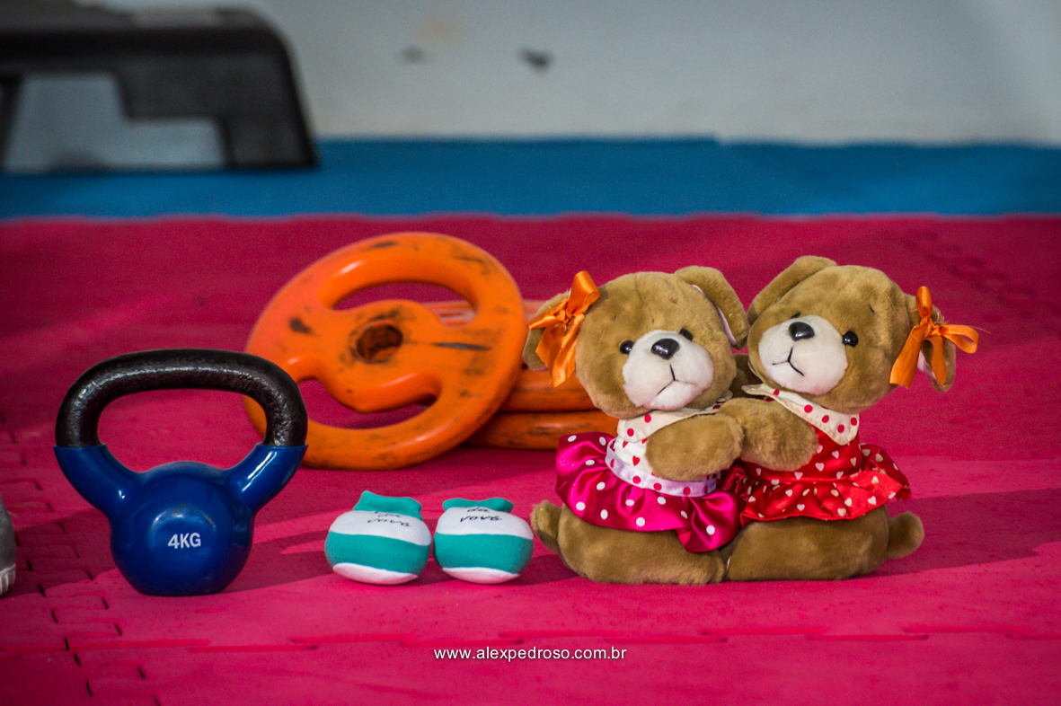 Objetos/ brinquedos da criança que está por vir junto com um sapatinho ao lado e as anilhas der uma academia 