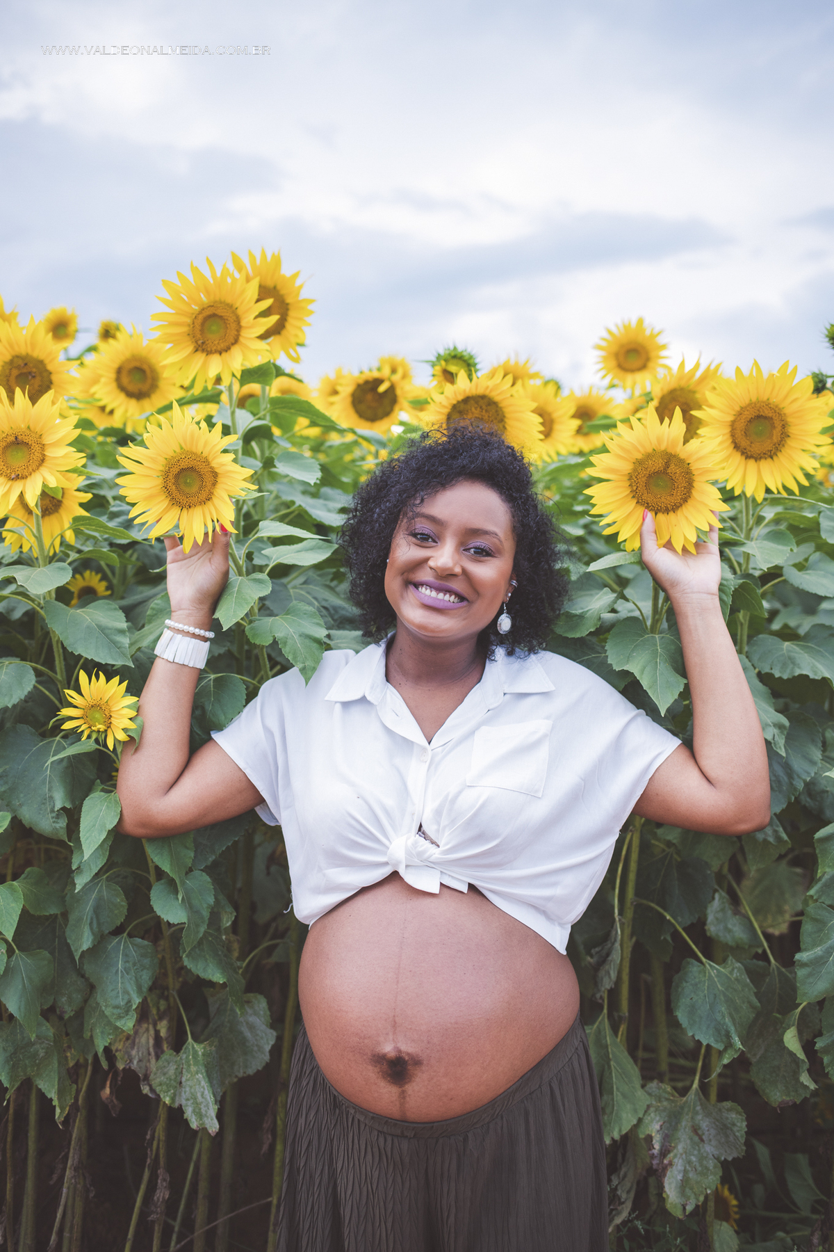 Ensaio de gestante na plantação de girassol em Holambra