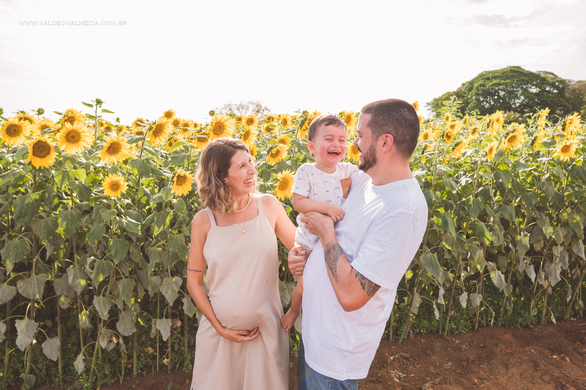 Ensaio de gestante em holambra super divertido com a família, incluindo o filho mais velho, nas plantações de flores