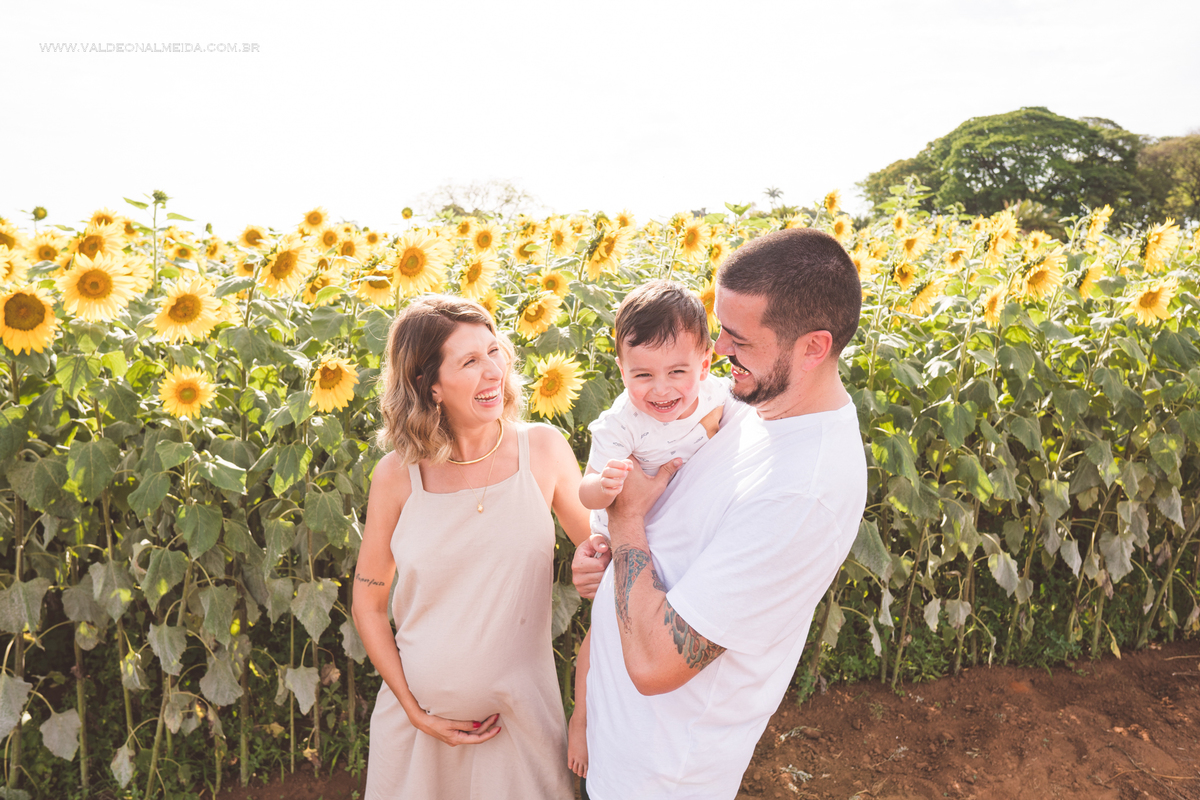 Ensaio de gestante em holambra super divertido com a família, incluindo o filho mais velho, nas plantações de flores