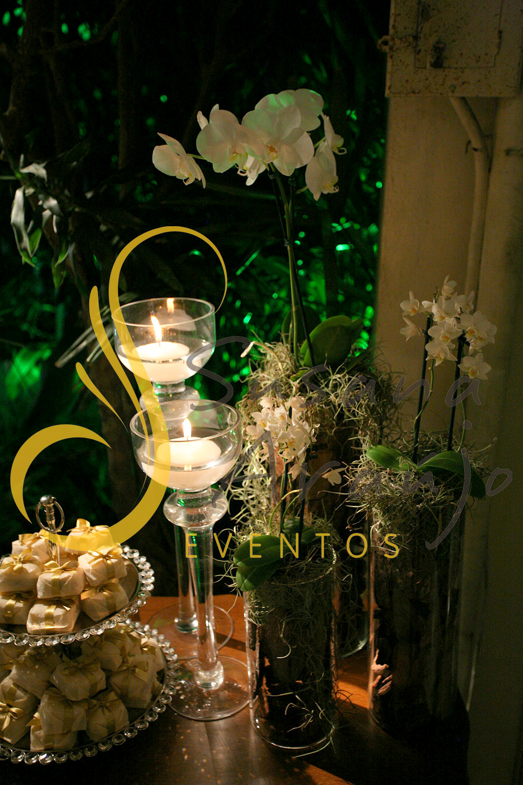 Decoração flores orquidea phaleanopsis branca composição vidros