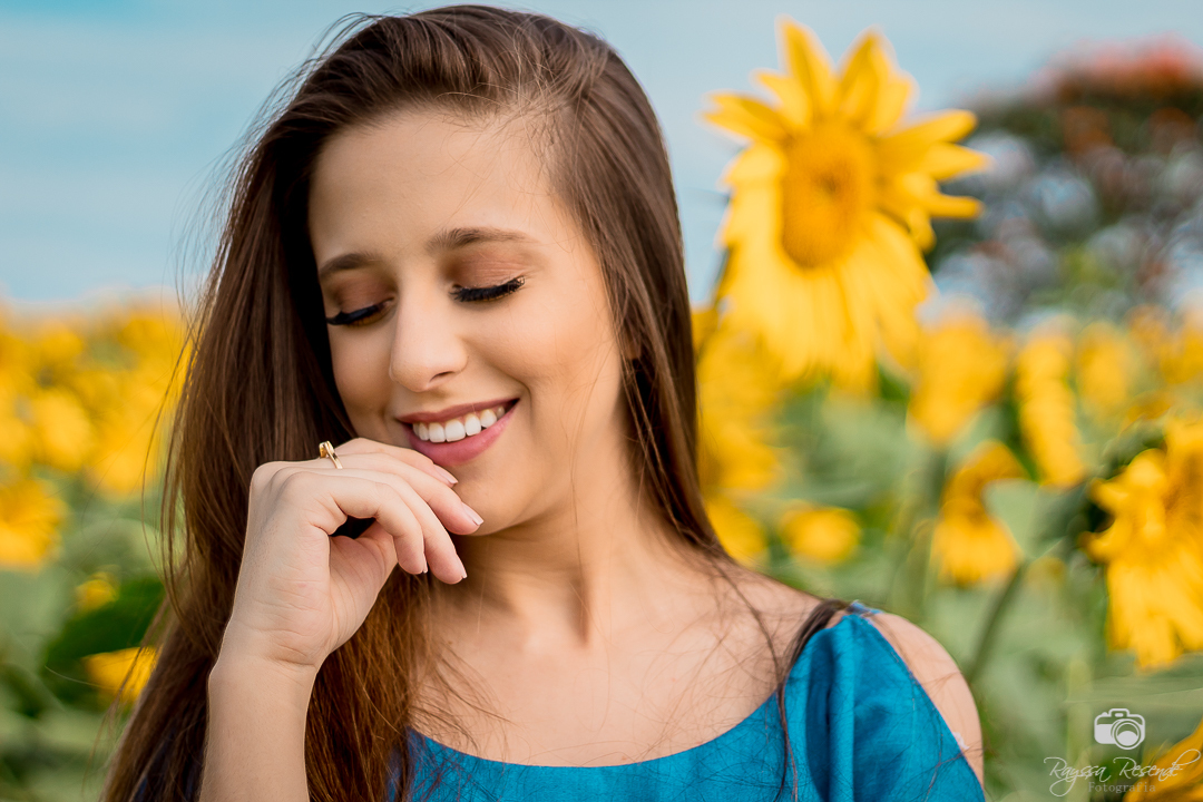menina posando pra foto no campo de girassois em uberaba na alta genetics do brasil
