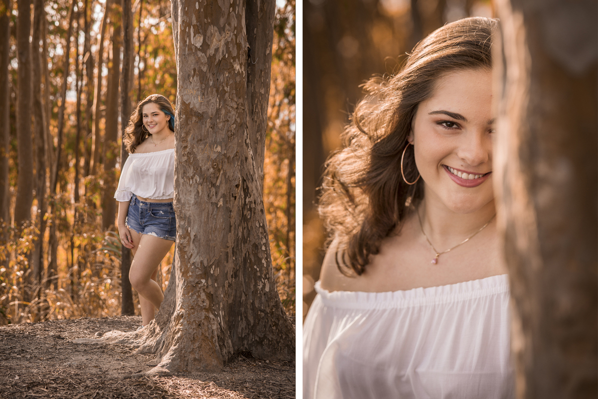 Fotógrafo de debutante e 15 anos em Niterói e Rio de Janeiro Gilson Freitas Nossa Casa Estúdio Parque da Cidade Bosque de eucaliptos adolescente teen por do sol outono vestido londo short jeans maquiagem ensaio fotográfico na floresta