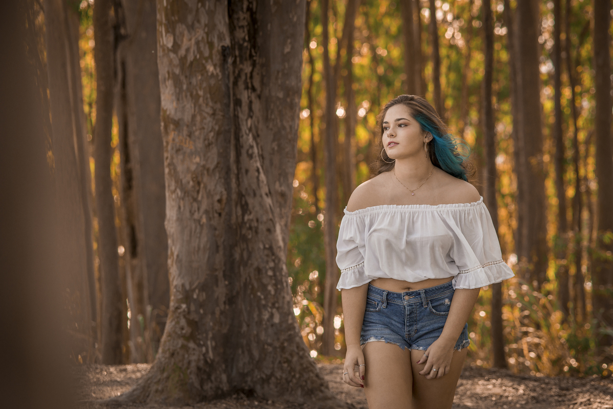 Fotógrafo de debutante e 15 anos em Niterói e Rio de Janeiro Gilson Freitas Nossa Casa Estúdio Parque da Cidade Bosque de eucaliptos adolescente teen por do sol outono vestido londo short jeans maquiagem ensaio fotográfico na floresta