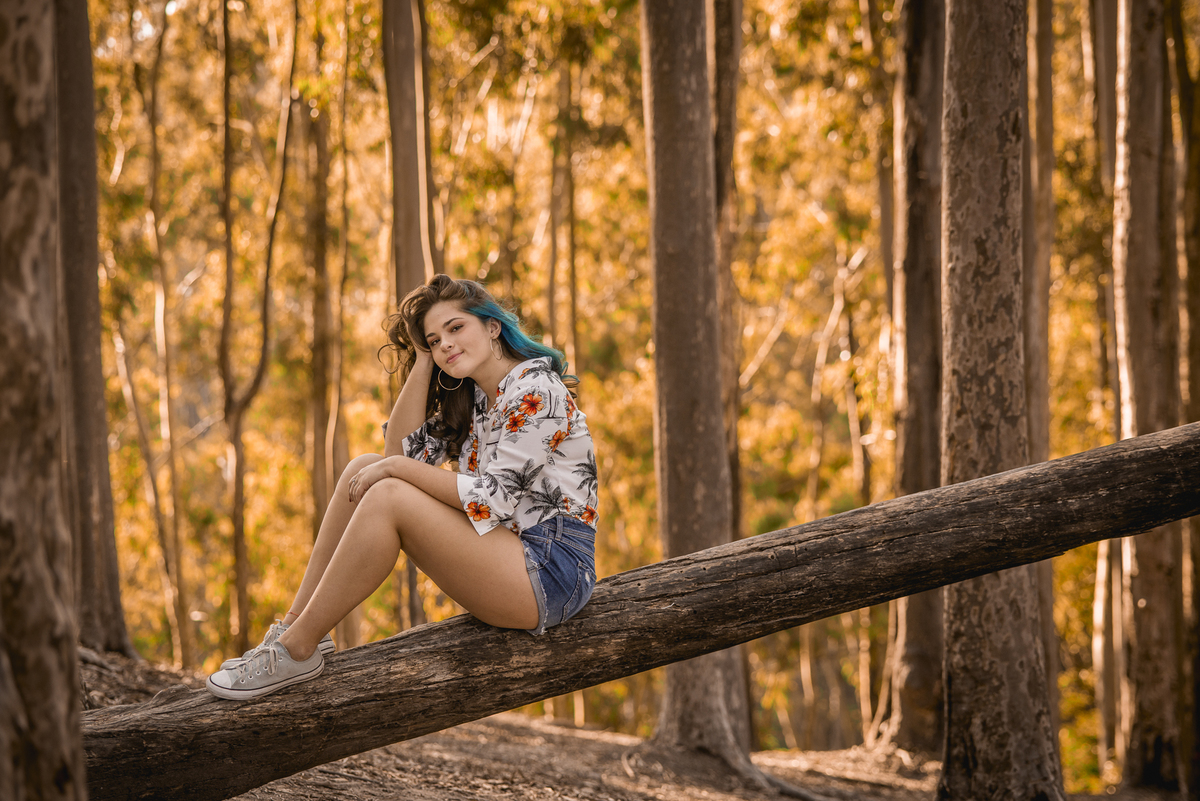 Fotógrafo de debutante e 15 anos em Niterói e Rio de Janeiro Gilson Freitas Nossa Casa Estúdio Parque da Cidade Bosque de eucaliptos adolescente teen por do sol outono vestido londo short jeans maquiagem ensaio fotográfico na floresta