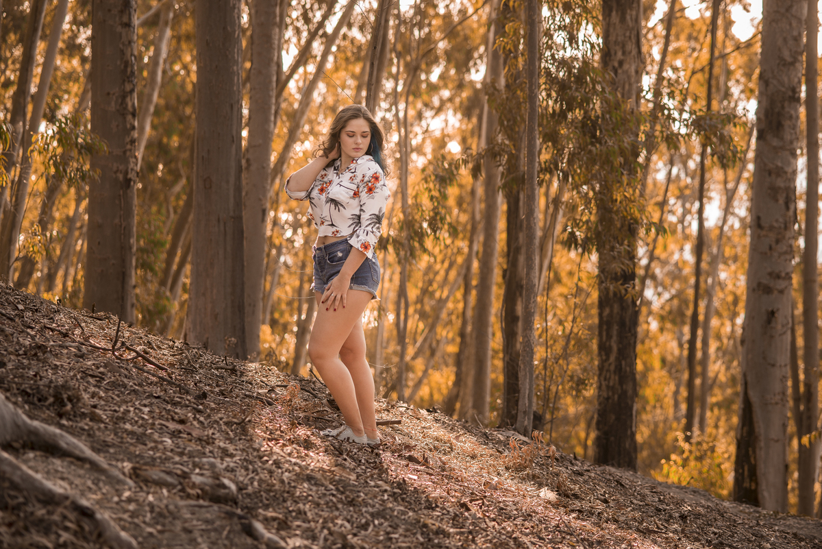 Fotógrafo de debutante e 15 anos em Niterói e Rio de Janeiro Gilson Freitas Nossa Casa Estúdio Parque da Cidade Bosque de eucaliptos adolescente teen por do sol outono vestido londo short jeans maquiagem ensaio fotográfico na floresta