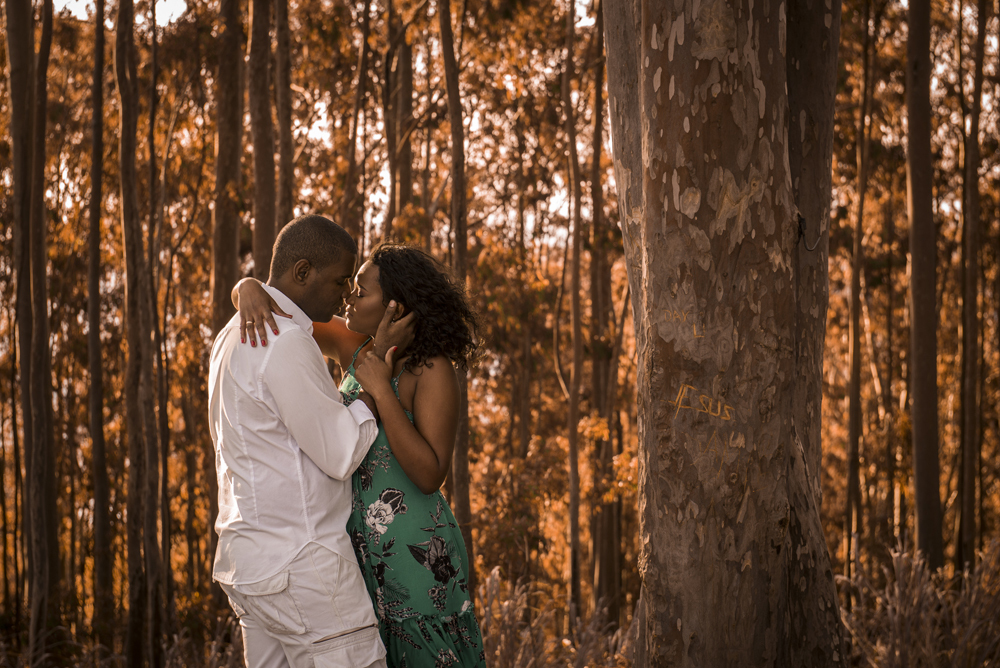 Nossa Casa Estúdio Fotografia e melhor fotógrafo de casamento em na cidade de Niterói Gilson Freitas ensaio fotográfico pré wedding no parque da cidade no bosque de eucaliptos com casal de noivos negros roupa para ensaio no Rio de Janeiro por do Sol dia