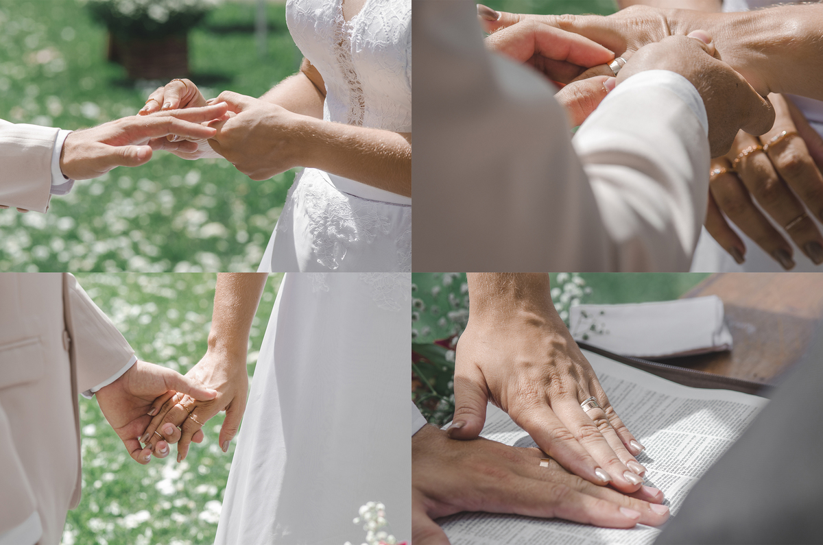 Fotografia de casamento fotógrafo profissional em Niterói São Gonçalo Maricá Rio de Janeiro entrada da noiva em estilo rústico com pétalas de flores no chão gramado entrada da noiva e noivo esperando nossa casa estúdio alianças benção
