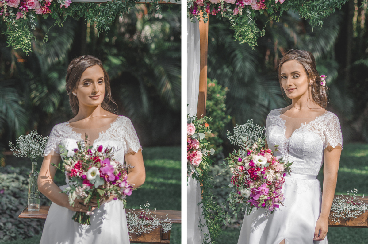 Fotografia de casamento fotógrafo profissional em Niterói Rio de Janeiro São Gonçalo Maricá noiva em vestido branco lindo decoração rústica floral foto da noiva jardim com petalas de flores ideias maquiagem nossa casa estúdio decoração buque campo dia