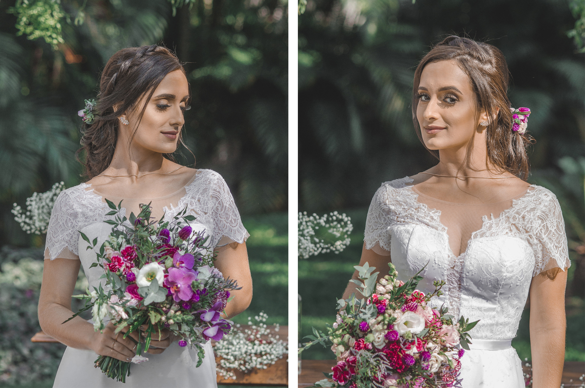 Fotografia de casamento fotógrafo profissional em Niterói Rio de Janeiro São Gonçalo Maricá noiva em vestido branco lindo decoração rústica floral foto da noiva jardim com petalas de flores ideias maquiagem nossa casa estúdio decoração buque campo dia