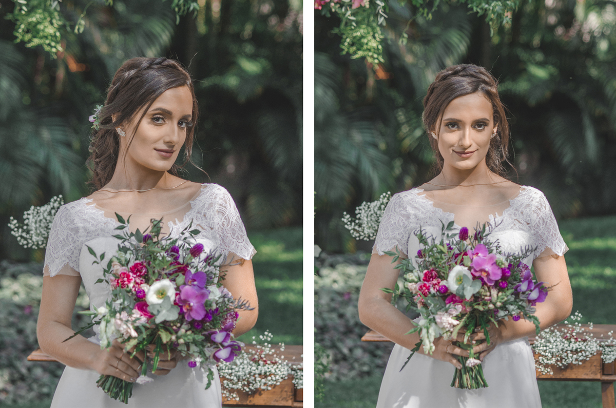 Fotografia de casamento fotógrafo profissional em Niterói Rio de Janeiro São Gonçalo Maricá noiva em vestido branco lindo decoração rústica floral foto da noiva jardim com petalas de flores ideias maquiagem nossa casa estúdio decoração buque campo dia