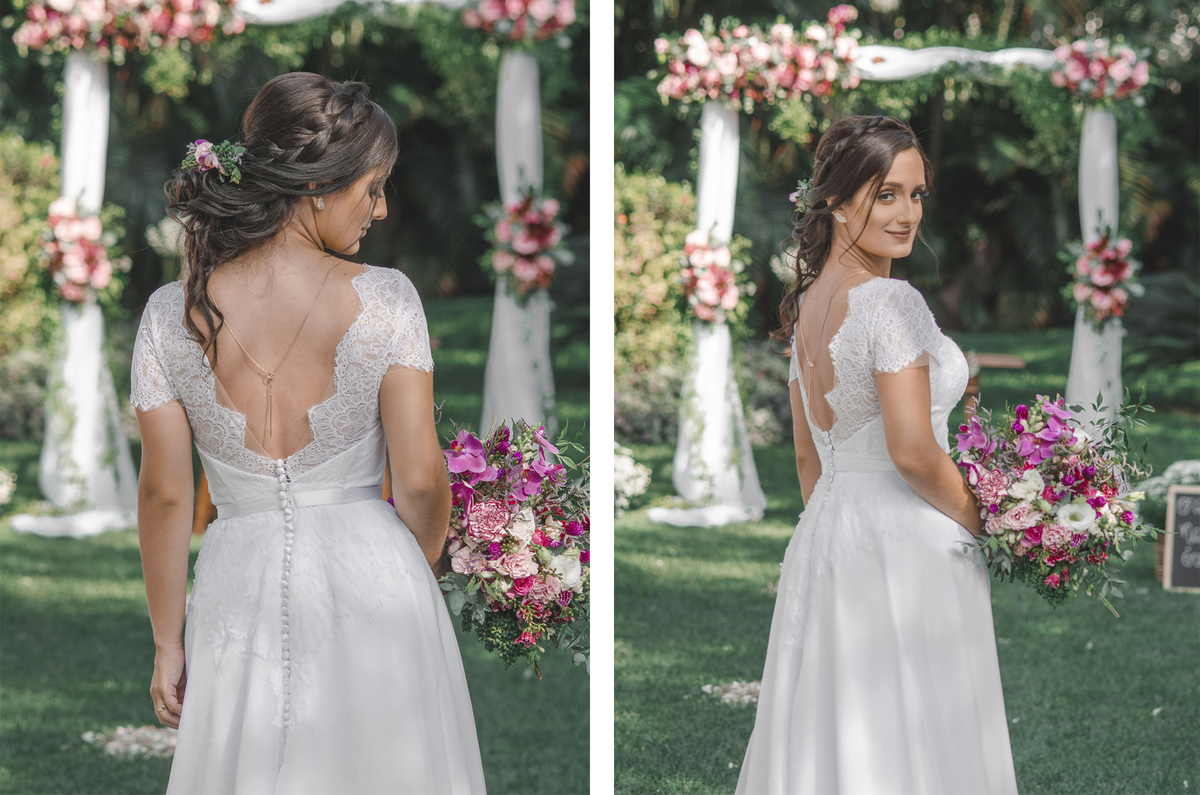 Fotografia de casamento fotógrafo profissional em Niterói Rio de Janeiro São Gonçalo Maricá noiva em vestido branco lindo decoração rústica floral foto da noiva jardim com petalas de flores ideias maquiagem nossa casa estúdio decoração buque campo dia
