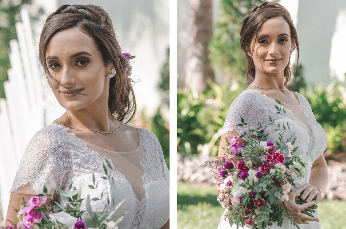 Fotografia de casamento fotógrafo profissional em Niterói Rio de Janeiro São Gonçalo Maricá noiva em vestido branco lindo decoração rústica floral foto da noiva jardim com petalas de flores ideias maquiagem nossa casa estúdio decoração buque campo dia