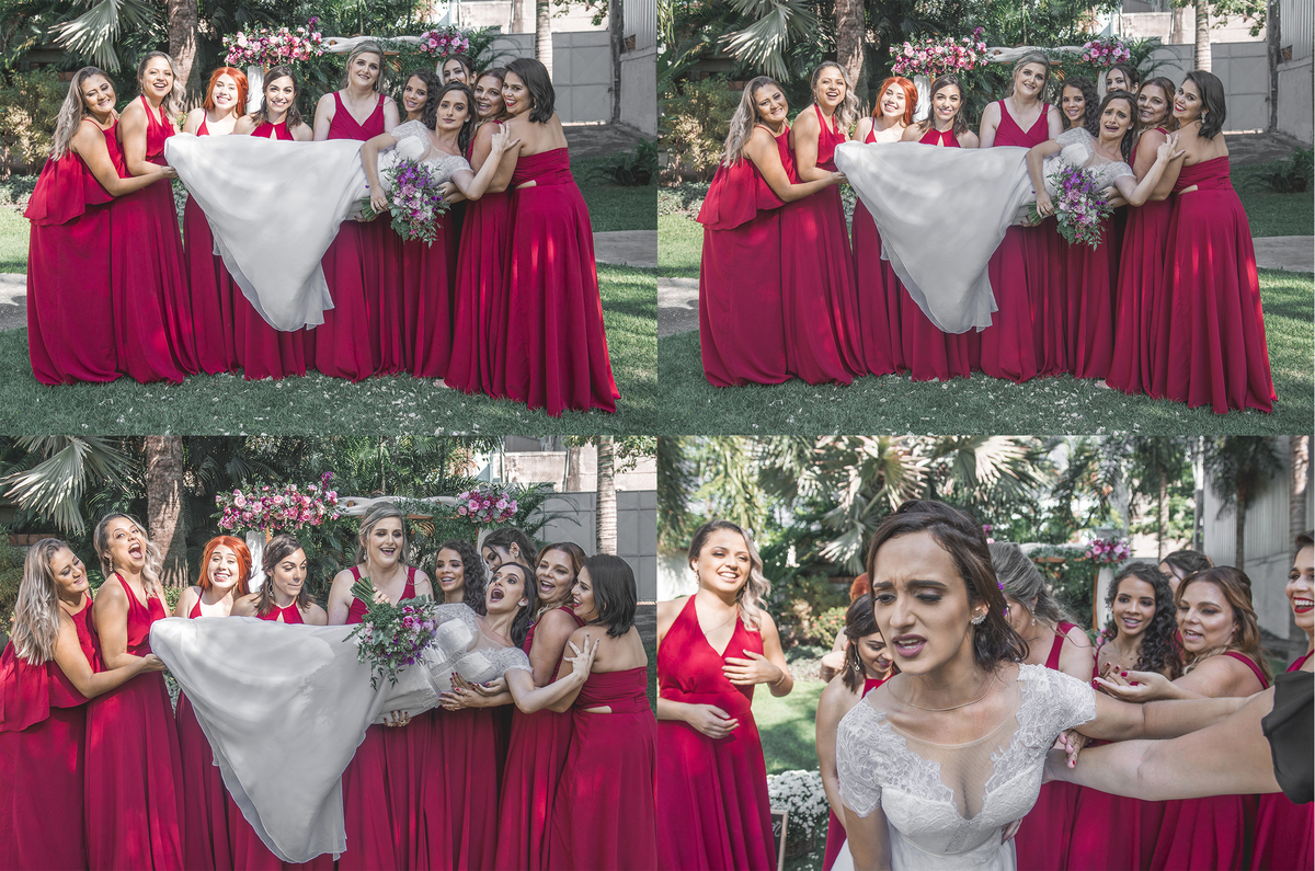 Fotografia de casamento fotógrafo profissional em Niterói Rio de Janeiro São Gonçalo Maricá recepção festa do casamento madrinhas de vestido vermelho pose criativa padrinhos com noiva e noivo em dia de casamento rústico de dia praia campo dazenda casal