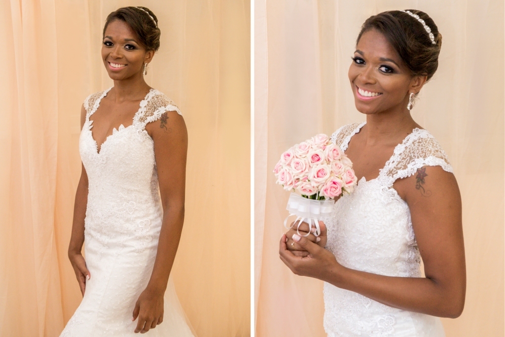 Gilson Freitas Fotógrafo profissional de casamento em Niterói Rio de Janeiro com noiva negra em making of fotografia festa celebração do matrimônio com casal e maquiagem feita por amanda albuquerque vestido e buquê de flores vel e grinalda