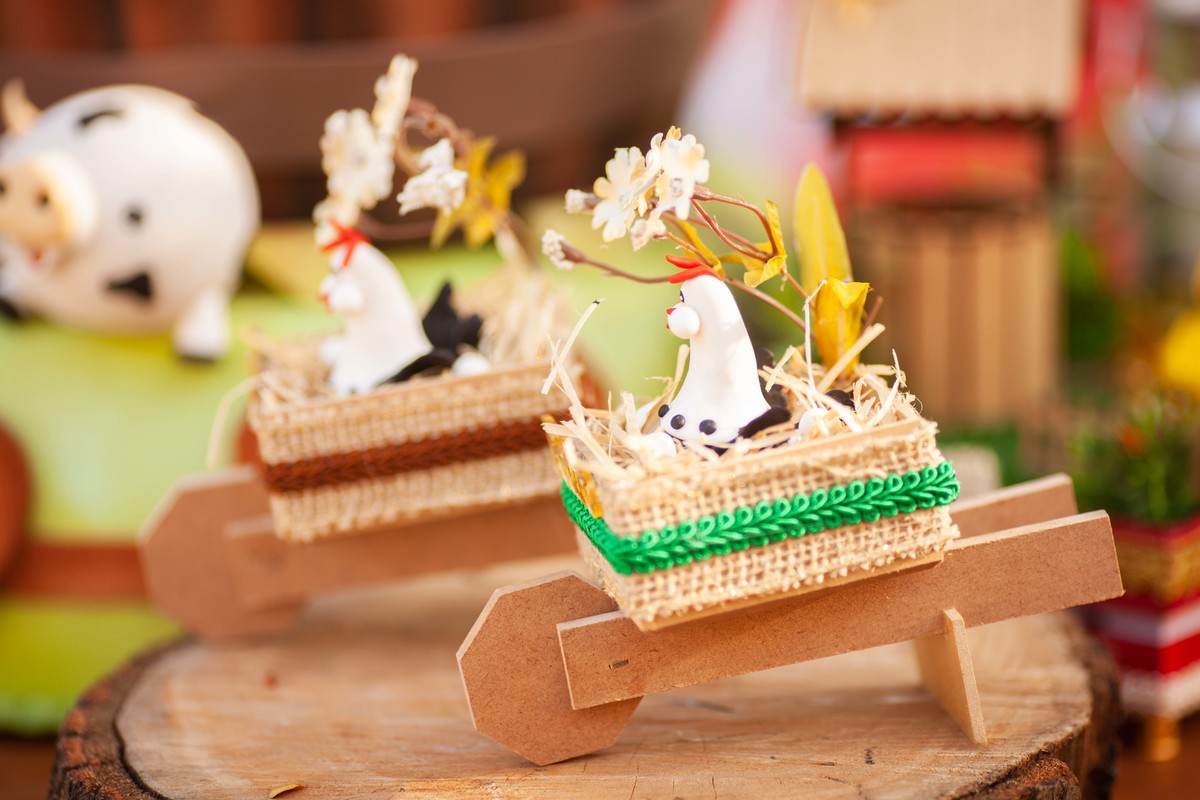 Carrinho de mao com galinha mesa bolo tema fazendinha na roça