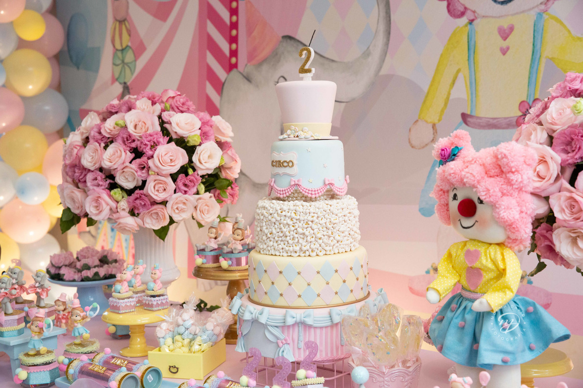 Decoração festa tema circo mesa bolo linda pipoca flores luxo