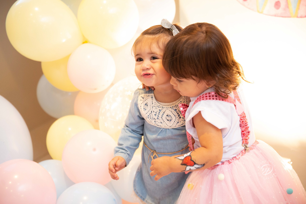 Festa infantil tema circo 2 anos menina rosa abraçando a priminha