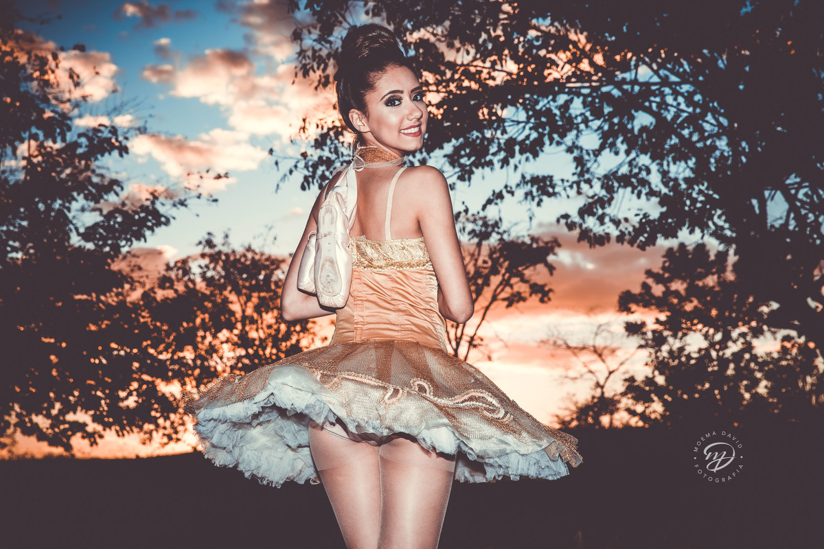 Debutante 15 anos natureza ar livre coroa de flores vestido rosa floral galhos luz natural floresta bailarina coque sapatilha ballet por do sol