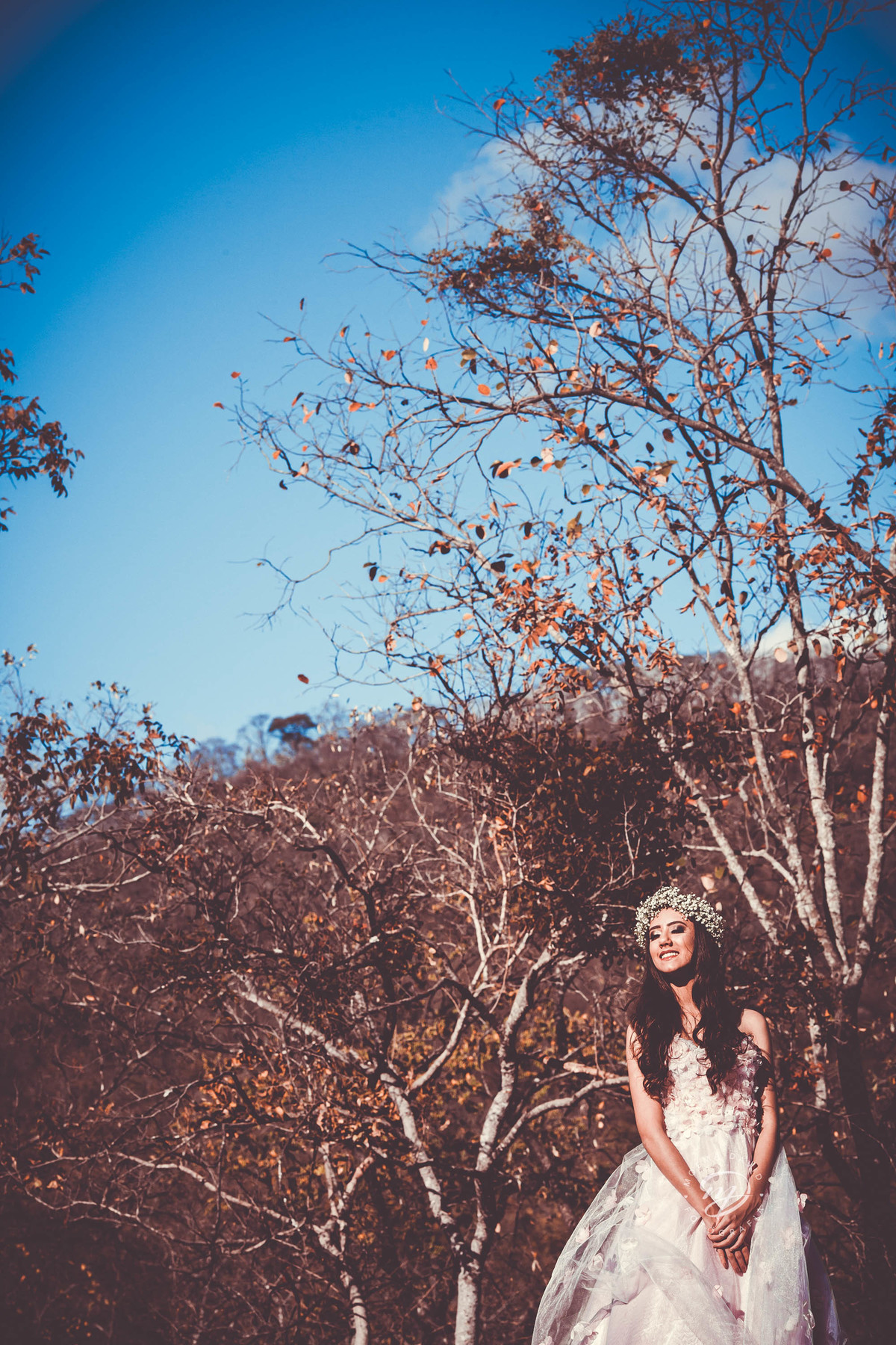 Debutante 15 anos natureza ar livre coroa de flores vestido rosa floral