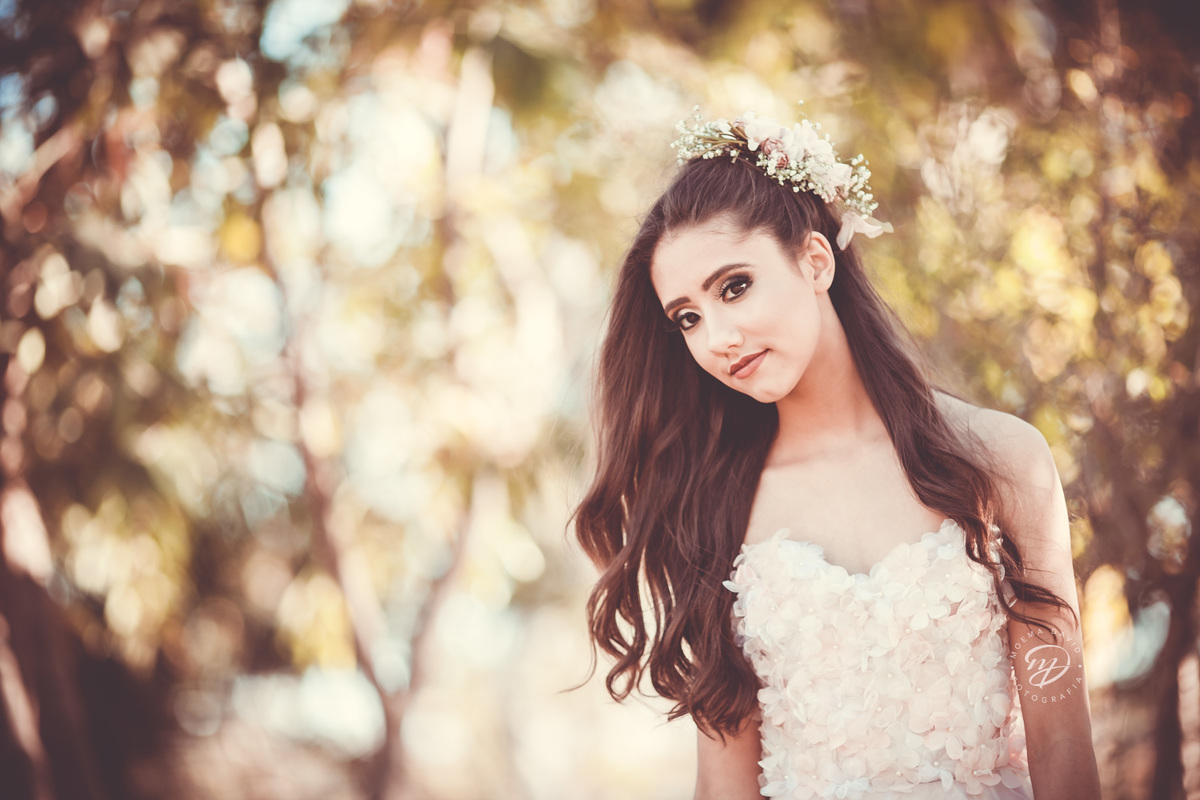 Debutante 15 anos natureza ar livre coroa de flores vestido rosa floral galhos luz natural meiga 