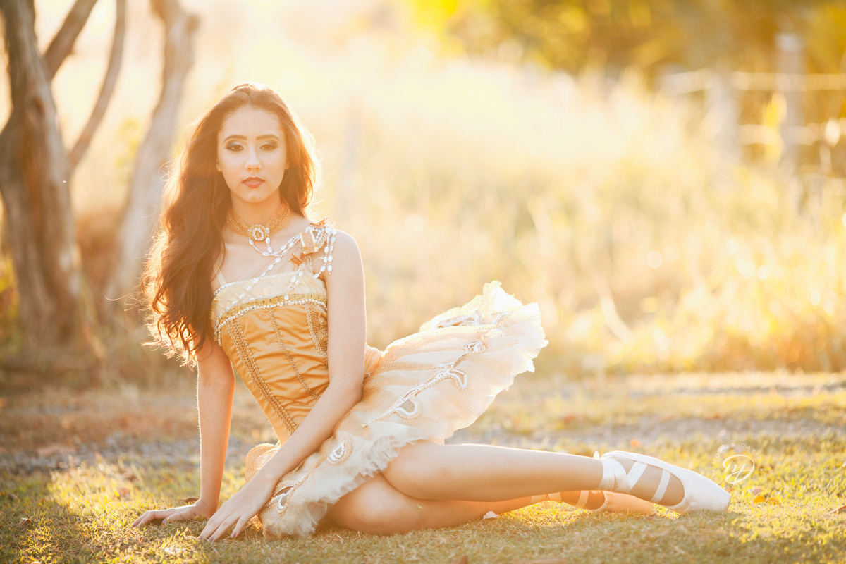 Debutante 15 anos natureza ar livre coroa de flores vestido rosa floral galhos luz natural floresta bailarina coque sapatilha ballet