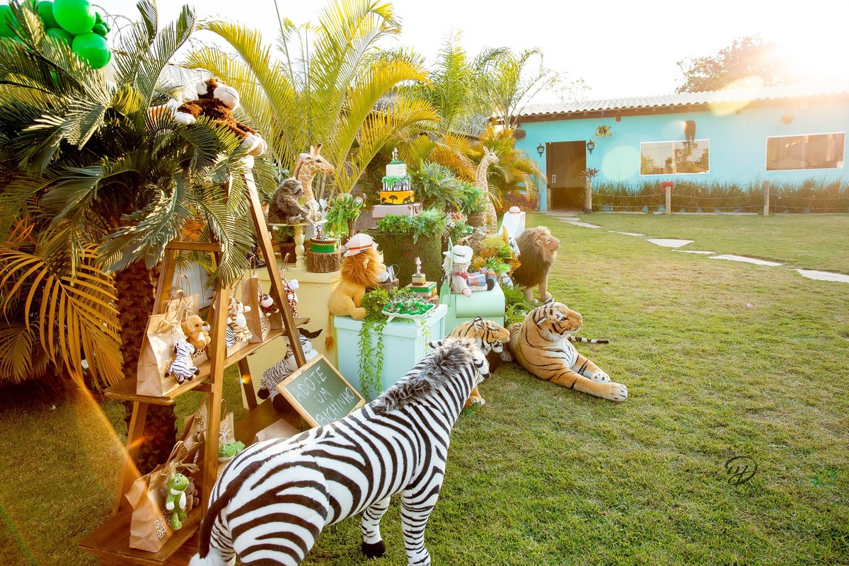 Aniversário Safari Baby: Decoração linda! Ambiente aberto com muito verde para combinar com a decoração.