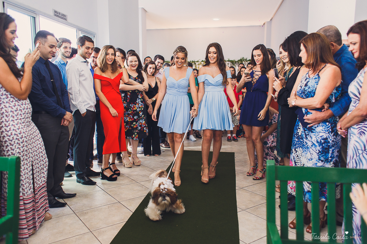 casamento intimista feito na área de lazer do prédio, em jardim da penha, fotografia de casamento em vitória es, bruna e andré, cachorrinho levando as alianças, decoração para mini casamento na hora do almoço 