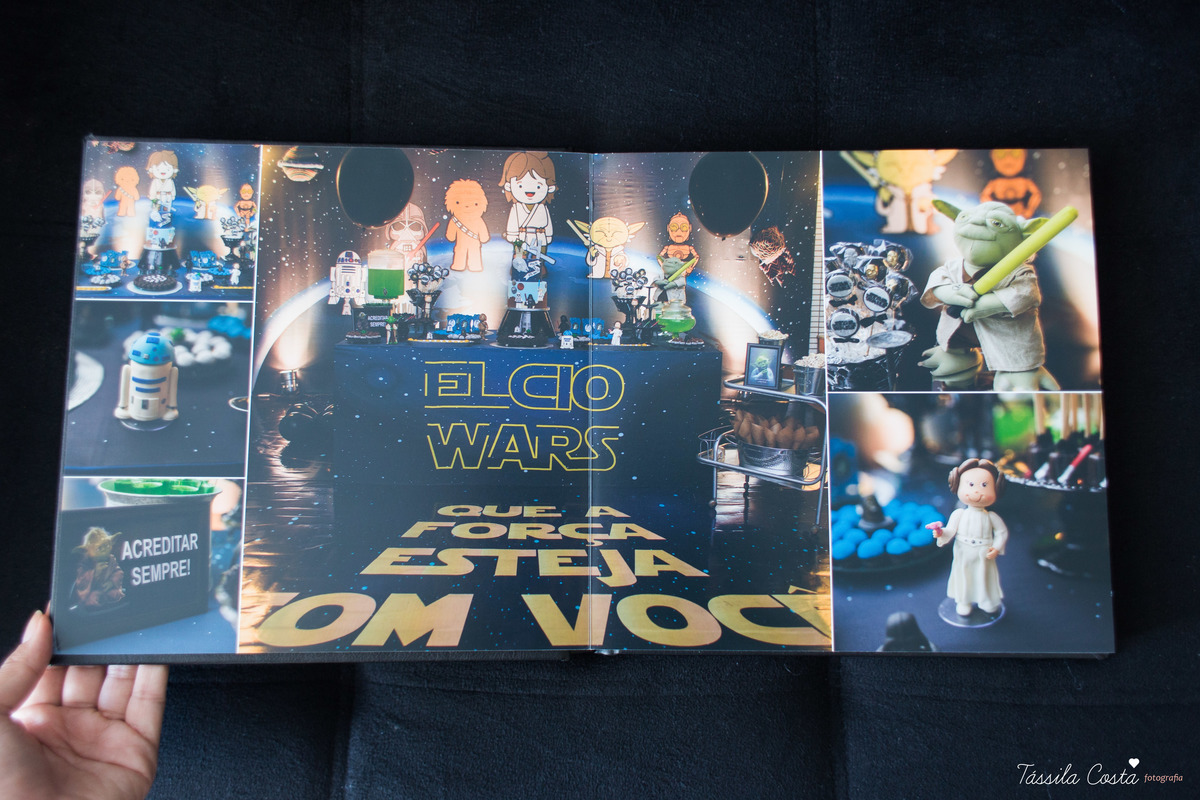 álbum lindo no tema star wars, fotos de álbum de aniversário, diagramação de álbuns em Vila Velha ES, As Meninas Locações, fotos de aniversário no tema star wars, tássila costa fotografia, Silvia Bloise decoração, festa de menino