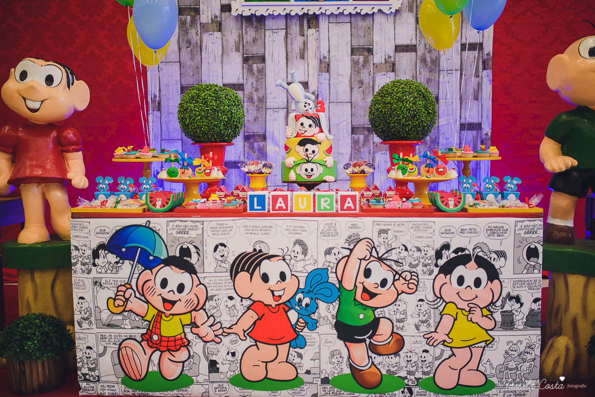 festa linda, no cerimonial Fanfarra, em Bento Ferreira, Vitória, fotos de eventos, festa infantil no tema Turma da Mônica, 3 anos da Laura, filha da chef de cozinha Marcela Bourguignon