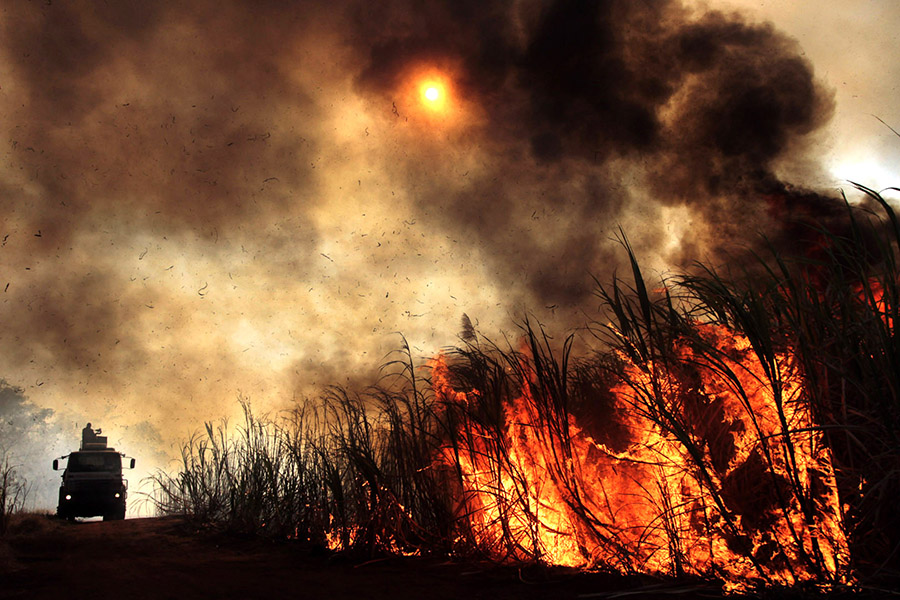 Fogo de queimada em canavial na região de Franca e Ribeirão Preto. Plantação de cana de açucar incendiada, em chamas
