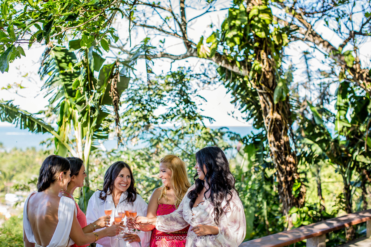 madrinhas e noivas brindando no jardim