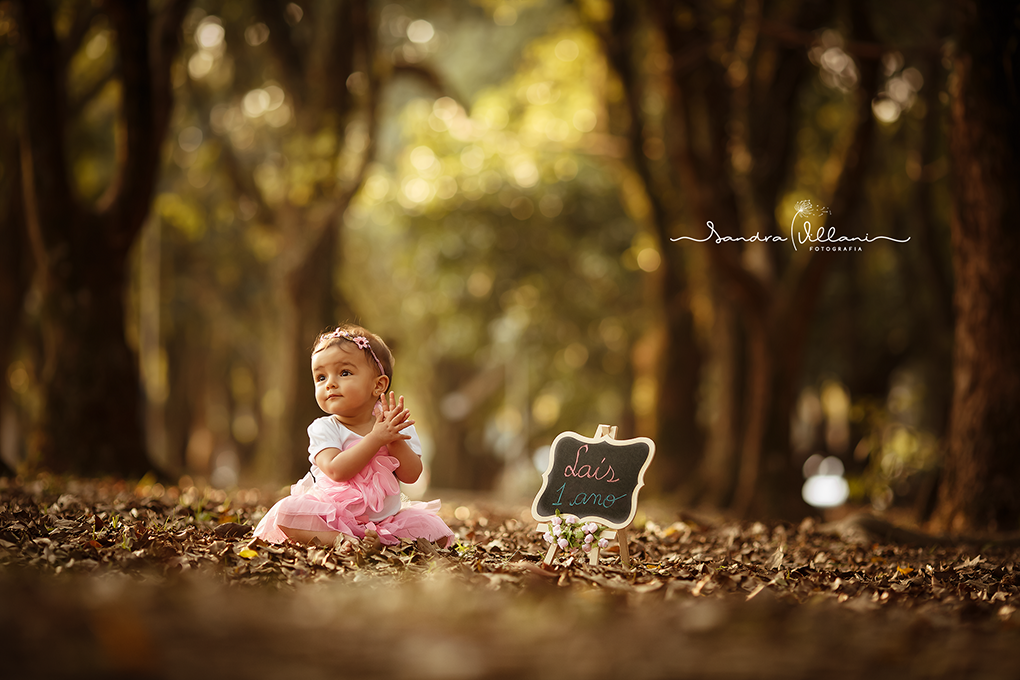 Laís com sua plaquinha de 1 aninho