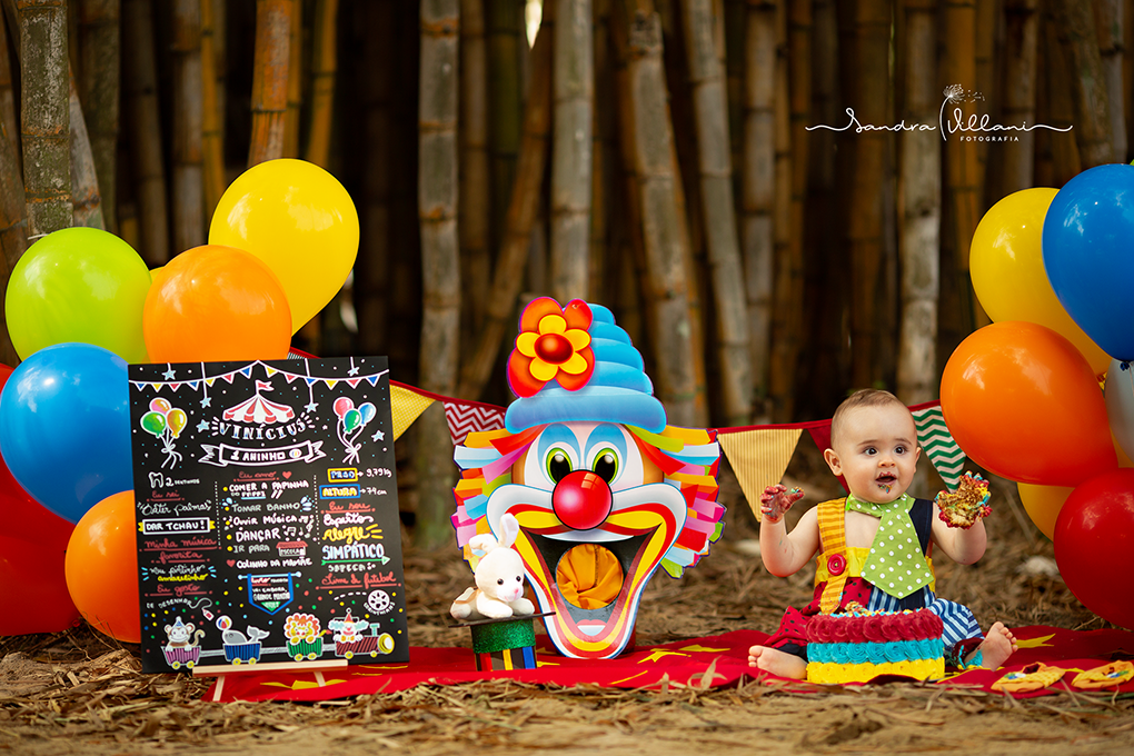 Smash the Cake tema Circo, teve até nariz de palhaço maozinhas melequentas de bolo