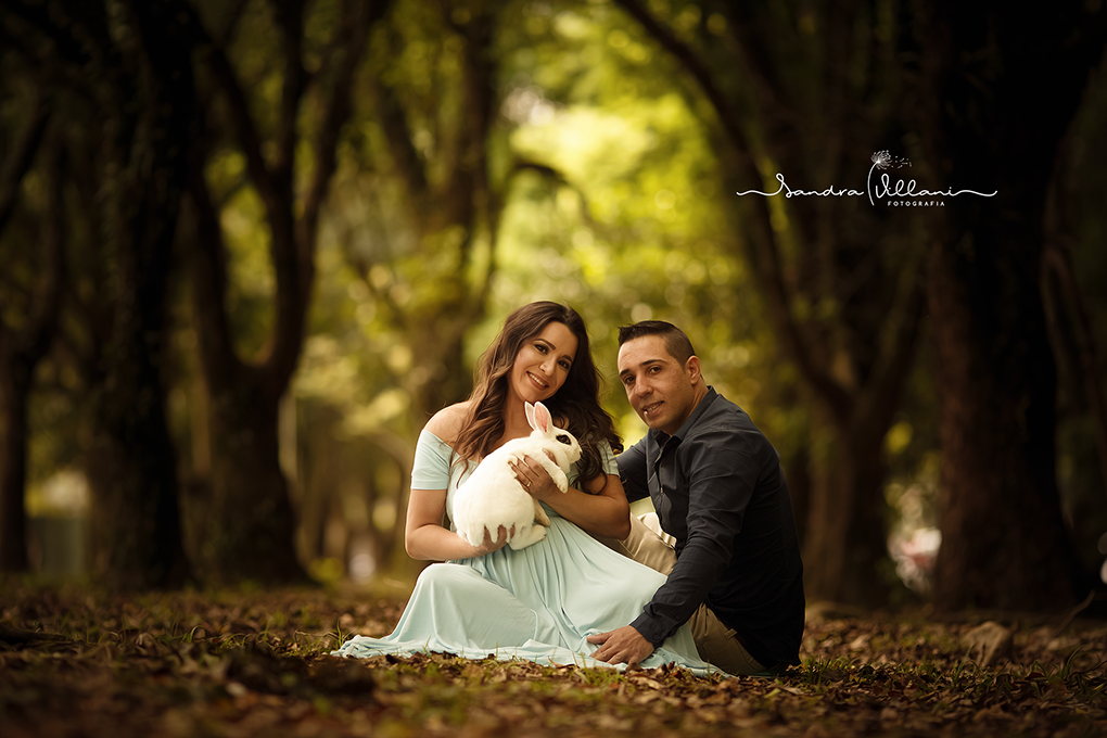 ensaio gestante com participação de um coelho chamado Bilu