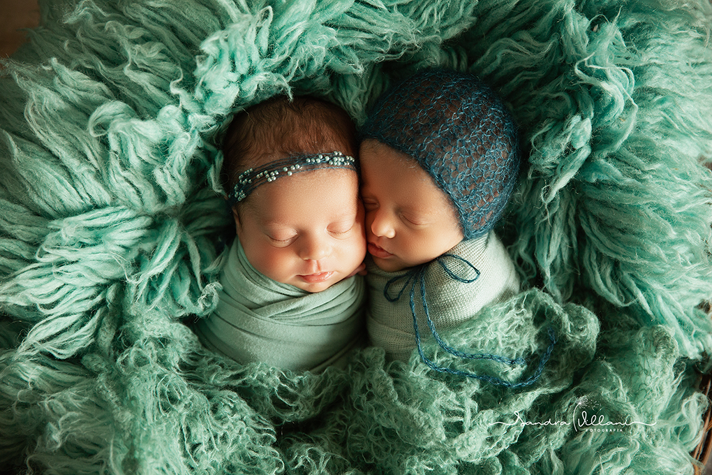 Ensaio Newborn do casal de gêmeos, estão no cestinho