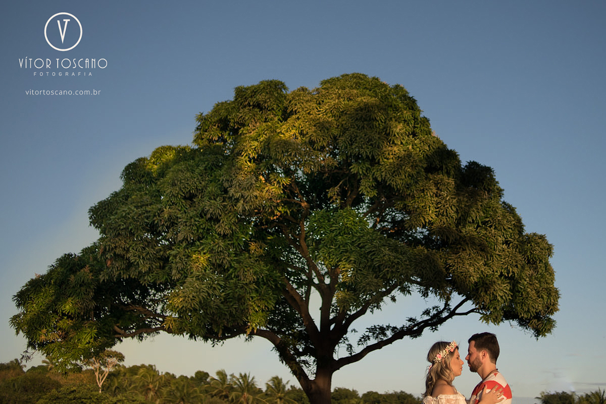 Casal sob a árvore da vida no  ensaio de casal de Karolina e Andre, em Pium-RN.