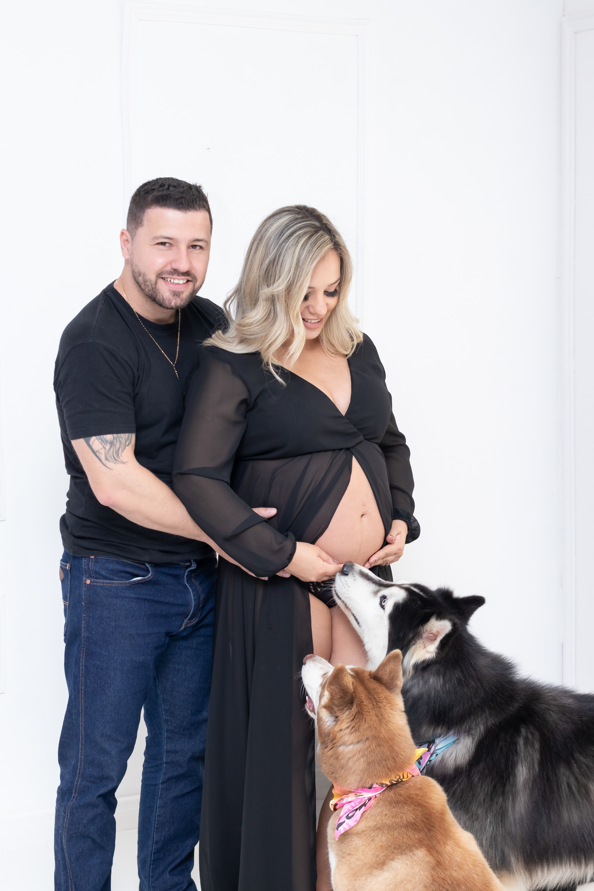 Ensaio de gestante em estúdio com Pet! Ensaio gestante com Husky siberiano. Fotógrafo em londrina especializado em ensaios de gestante e bebês. Momento registrado pela fotógrafa Giscellayne, Gy fotografia.