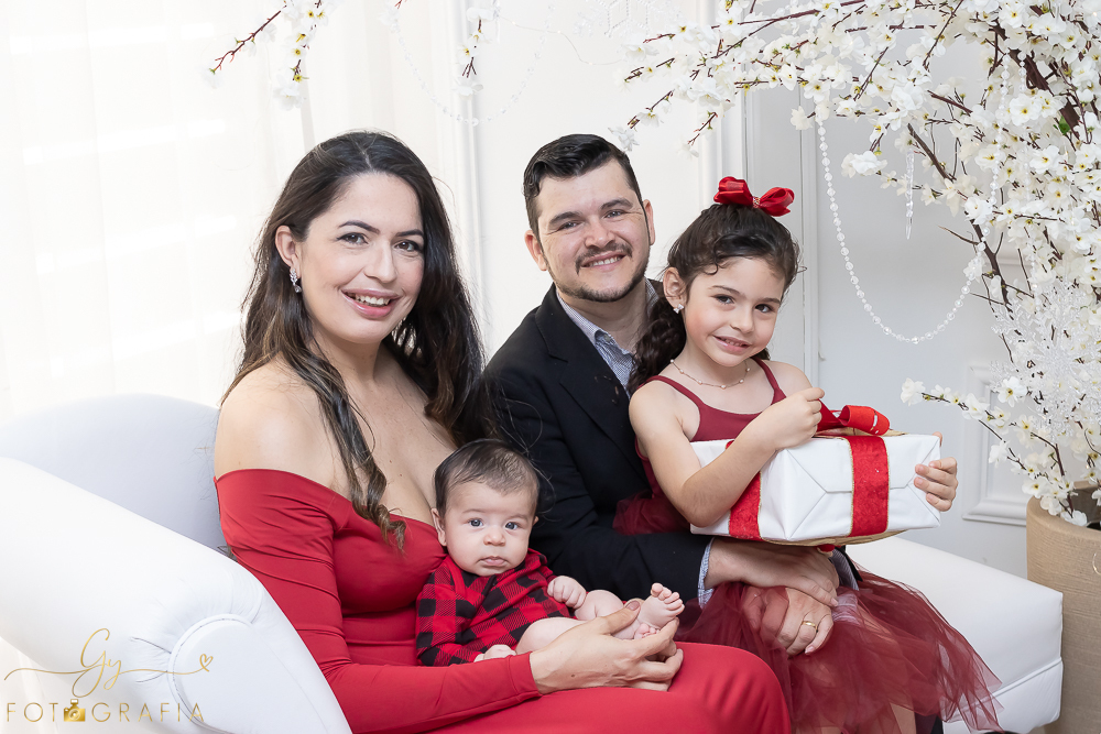 Ensaio de natal em Londrina com papai noel de verdade, cenário interativo com escorregador, neve, lareira e várias árvores maravilhosas. Momento registrado pela fotografa Giscellayne - Gy fotografia. Fotografo em Londrina especializado em ensaios de bebes