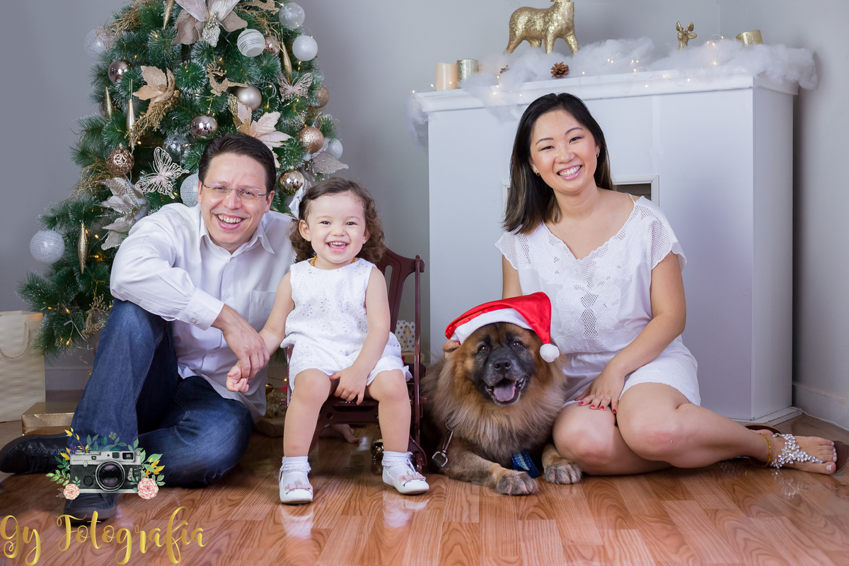 Foto da família completa no pé da arvore e lareira, até o cachorro chow chow participou da sessão!