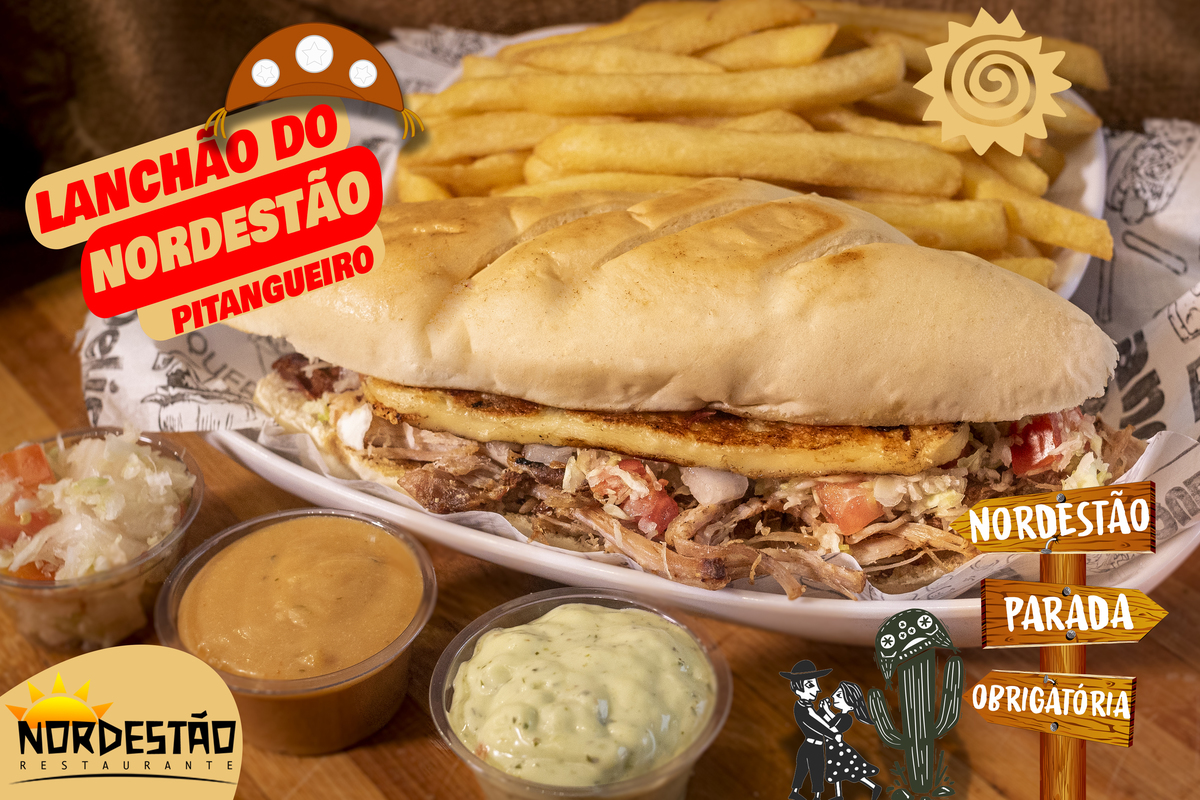 Pão de baquete na chapa com manteiga, recheado com PERNIL, vinagre, queijo coalho acompanhado de fritas e molho especial nordestão