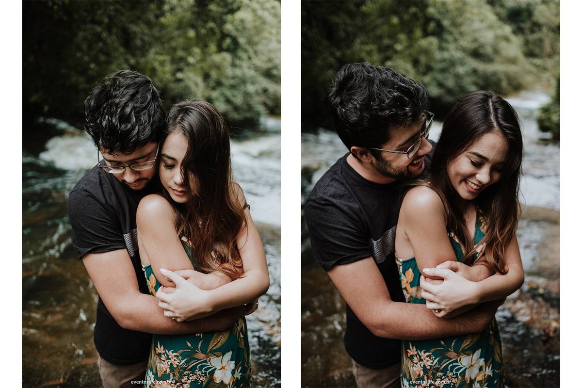 Ensaio, Pré Wedding, Pré Casamento, Sessão Fotográfica, Caiane e Lucas, Piedade, Ensaio no campo, interior, Fotografia de Casamento Sorocaba, Life Fotografia, Casamento no campo, Natureza, Sorriso, Casal, Árvores, Wild, Floresta, Rio, Riacho, Água, Abraço